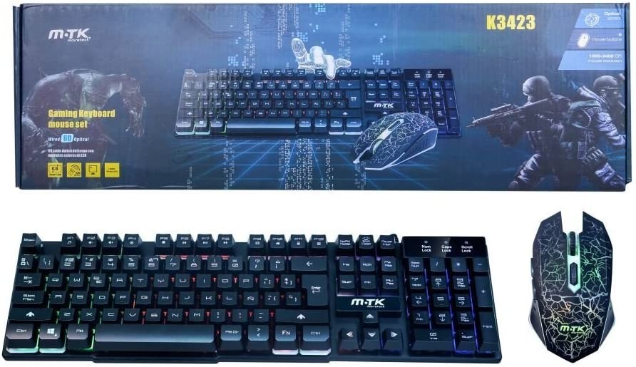 MTK® Pack of Keyboard and Mouse LED Backlit Gaming Keyboard Qwerty Spanish Keyboard Feeling Mechanical K3423 (Without Packet)